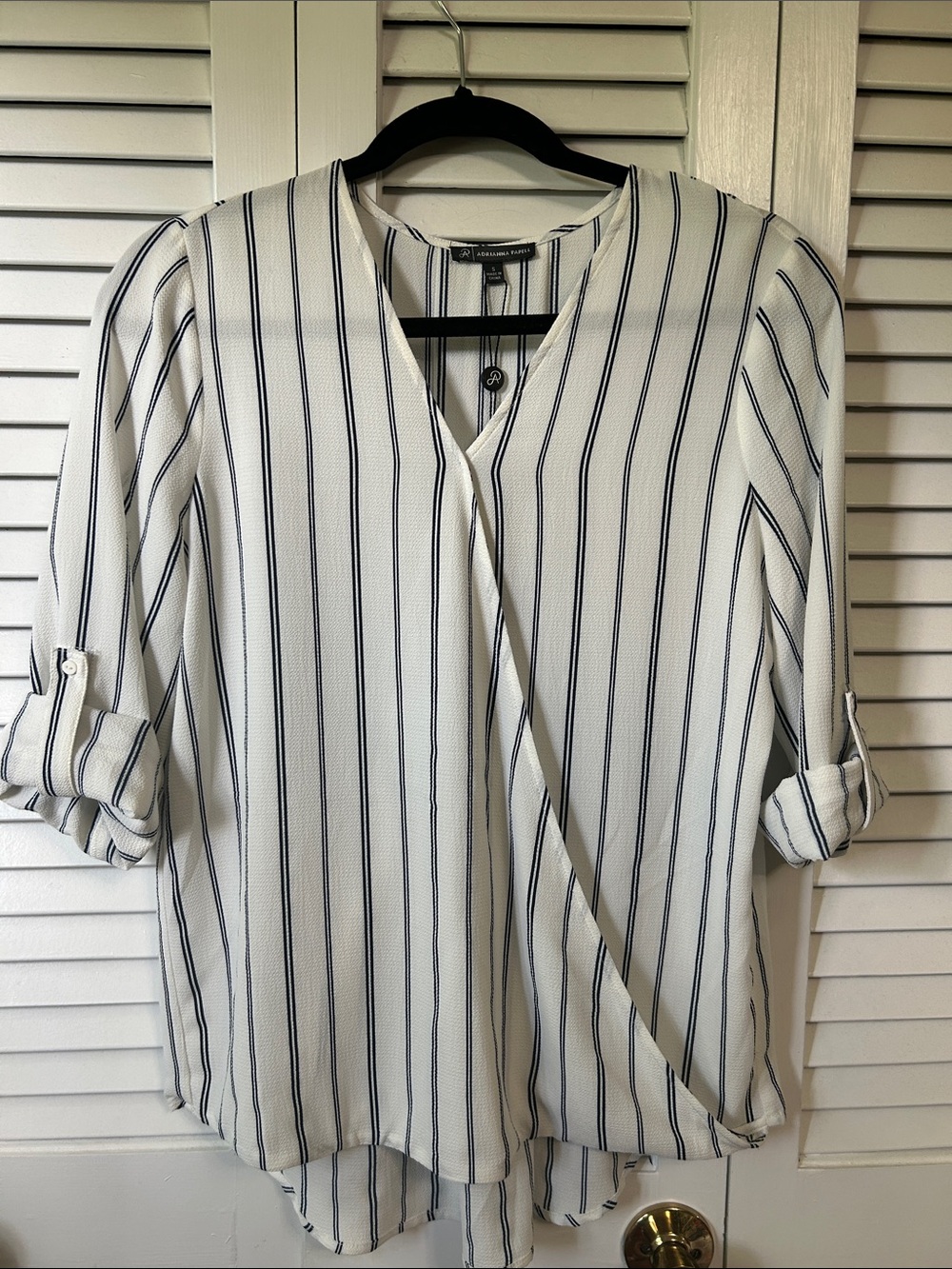 Adrianna Papell White Blouse with Navy Stripes